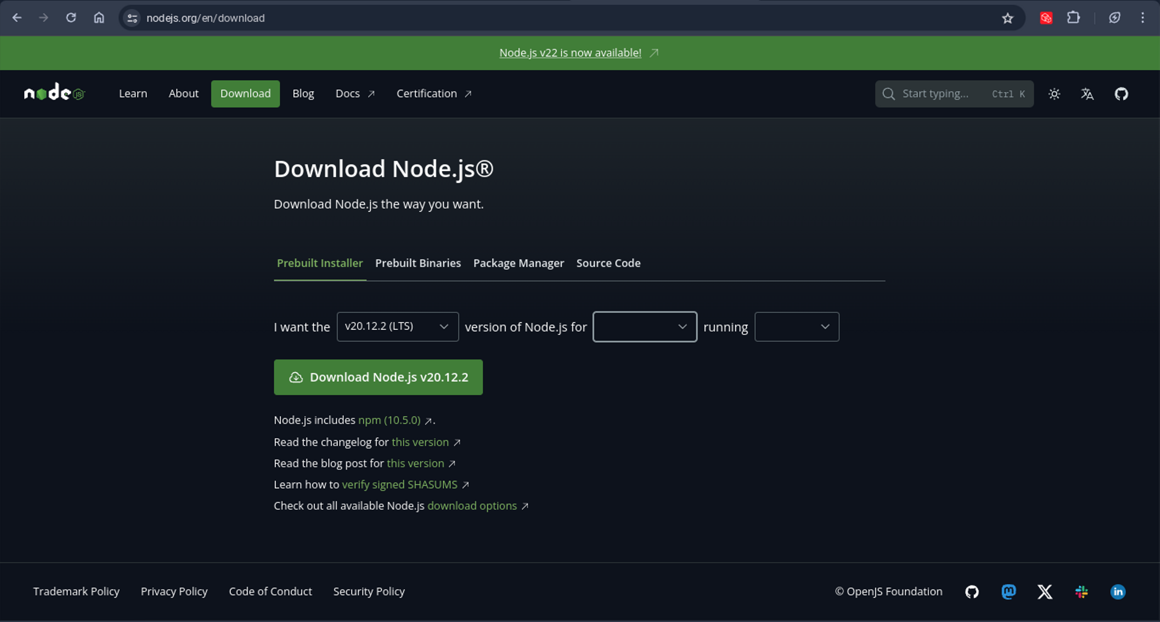 Node js Download page screenshot